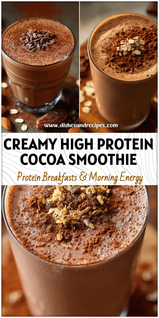 Glass of creamy Hot Cocoa Protein Smoothie topped with cocoa powder and oats, a High Protein Chocolate Smoothie for breakfast.